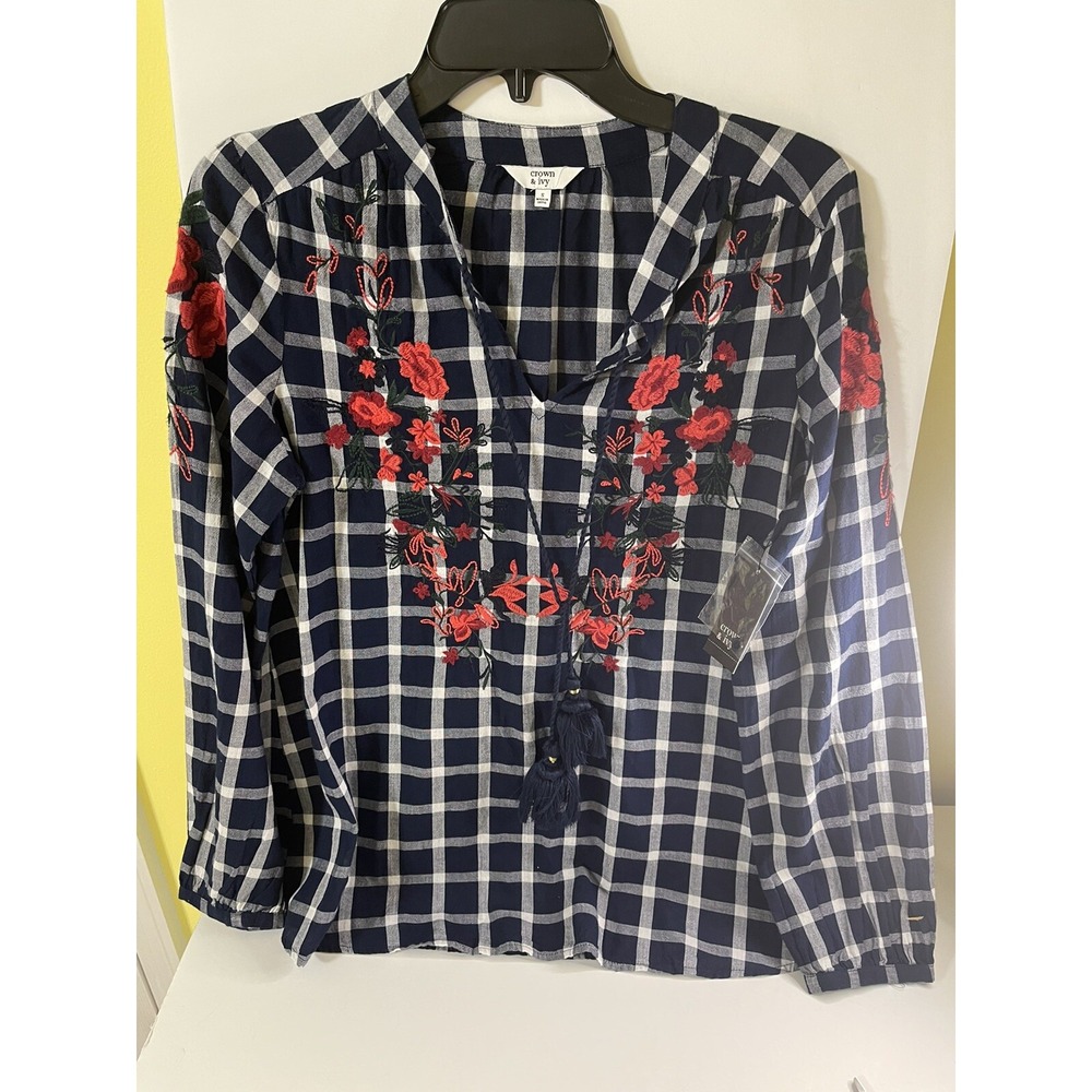 Crown & Ivy NWT blue plaid embroidered flowers size‎ small